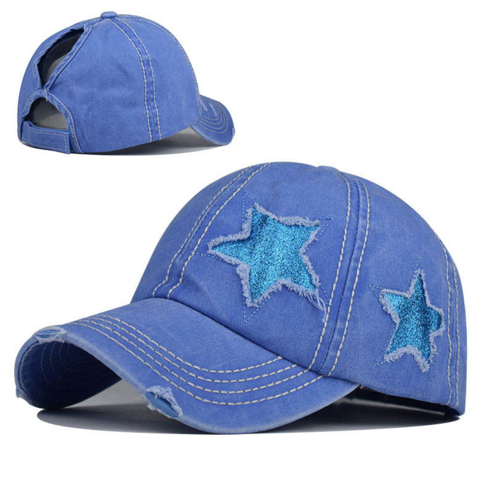Summer Women's Washed-out Distressed Sequined Five-point Star Baseball Cap For Summer Outings, Sister Gatherings, Trendy Retro Style Hat by Ricaloux