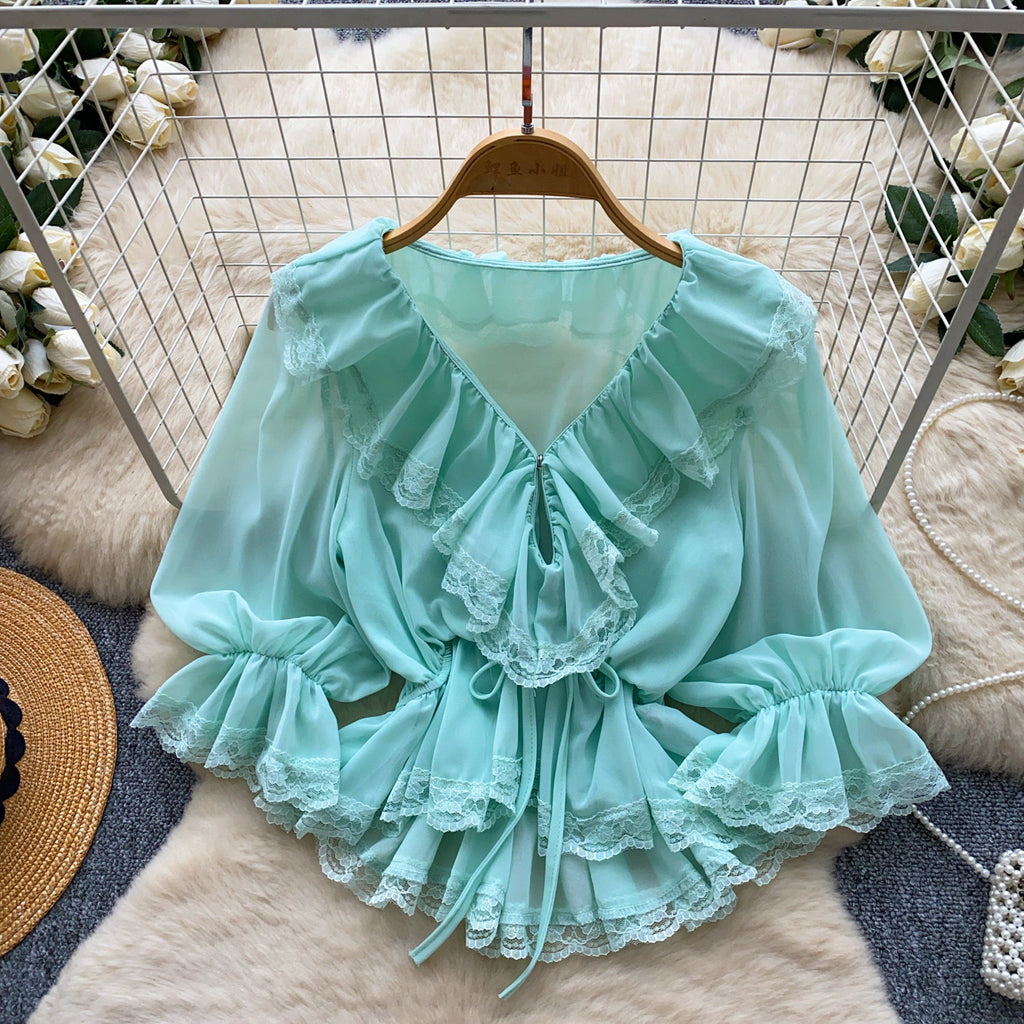 Womens Solid-Color French-Style V-Neck Lace Ruffled Hem Shirt by Ricaloux
