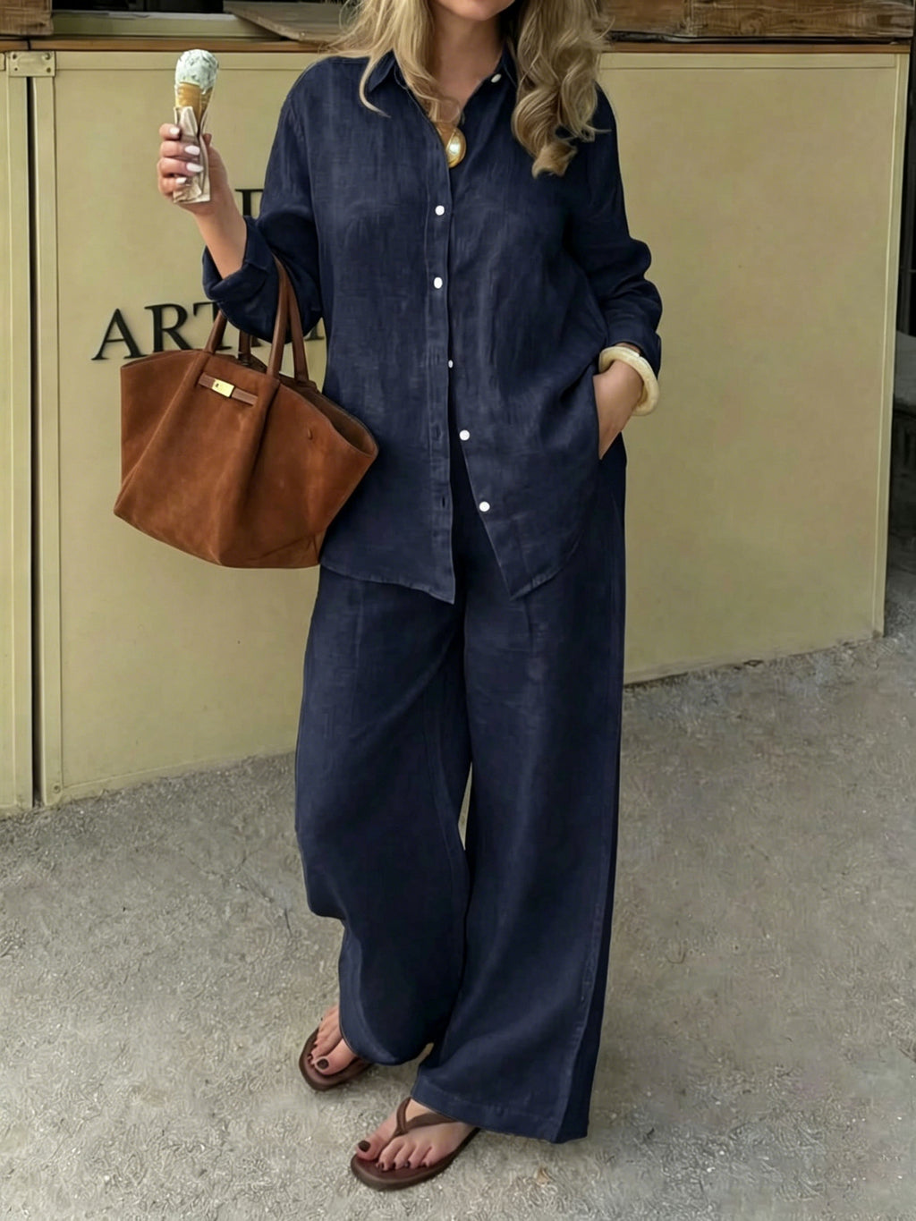 Simple Linen Two-piece Set With A Lapel And Long Sleeves – Premium 0 | RICALOUX
