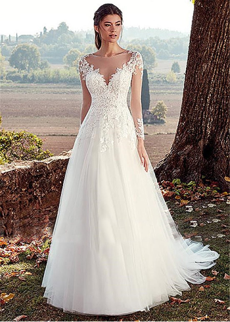 High U-neck Lace Long Sleeve A- Line Long Tail Simple Wedding Dress - RICALOUX