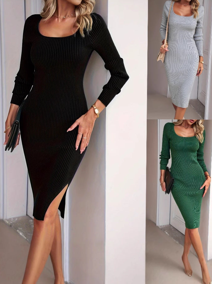 Women's Square Neck Long Sleeve Ribbed Knit Bodycon Midi Dress - Elegant Side Slit Sweater Dress – Premium 4 | RICALOUX
