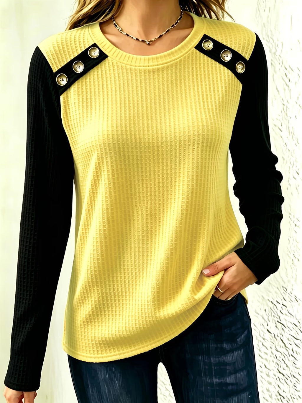 FallWinter Crew-neck Patchwork Waffle-knit Long-sleeve Top by Ricaloux