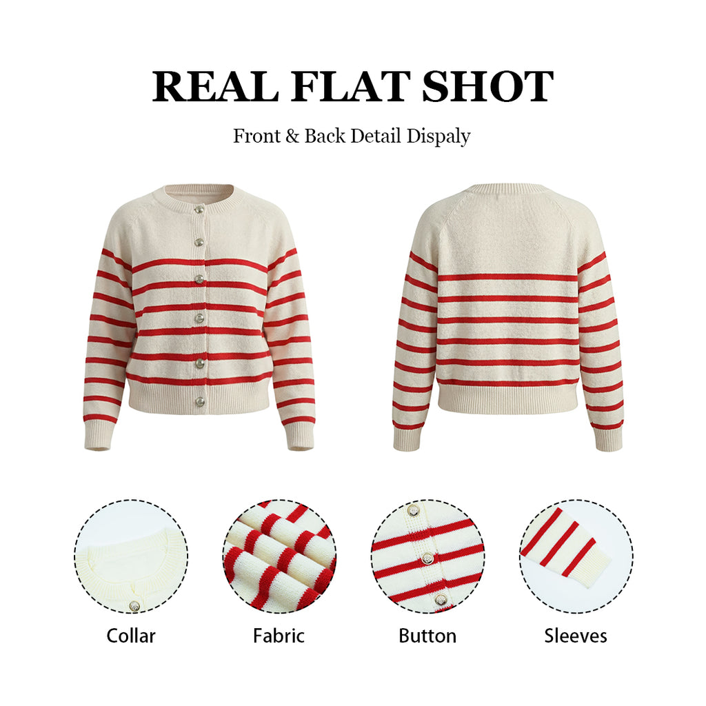 Women's Striped Knit Cardigan Red White Crewneck Button Up Sweater Coat Casual Long Sleeve Knitwear by Ricaloux