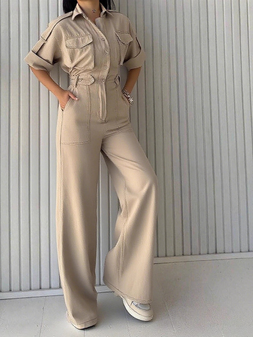 Waist-cinching Figure-flattering Wide-leg Overalls With A Lapel Collar by Ricaloux