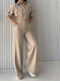 Waist-cinching Figure-flattering Wide-leg Overalls With A Lapel Collar by Ricaloux