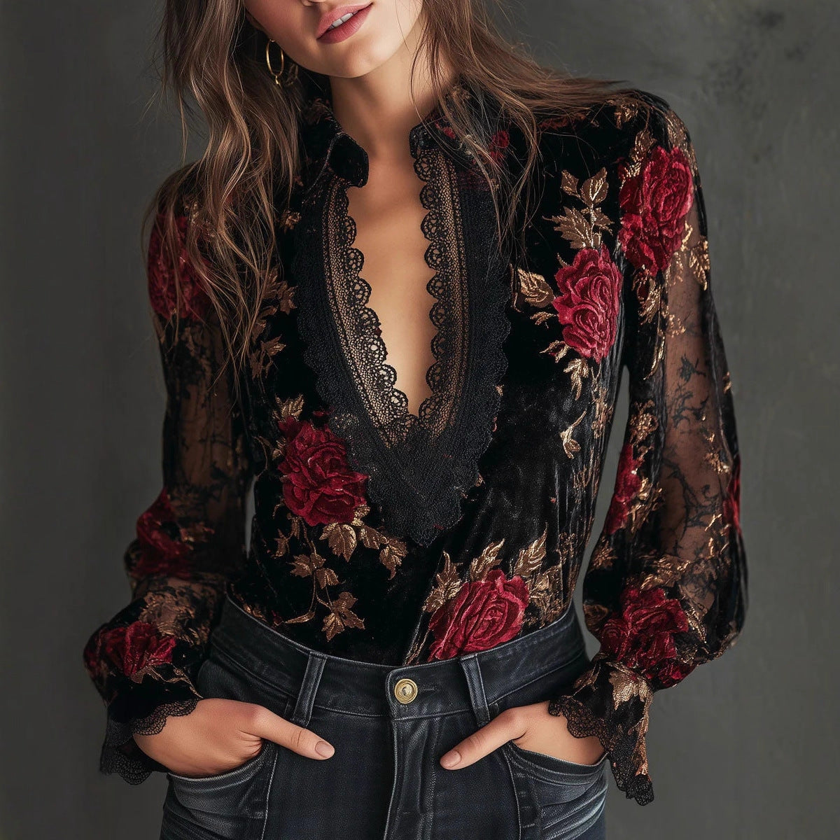 Womens Loose-fit Long-sleeve Gold Velvet Blouse by Ricaloux