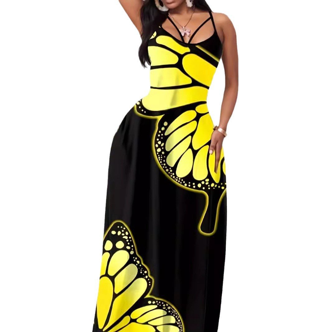 Summer New Sleeveless V-neck Pullover Butterfly Loose Sling Dress - RICALOUX