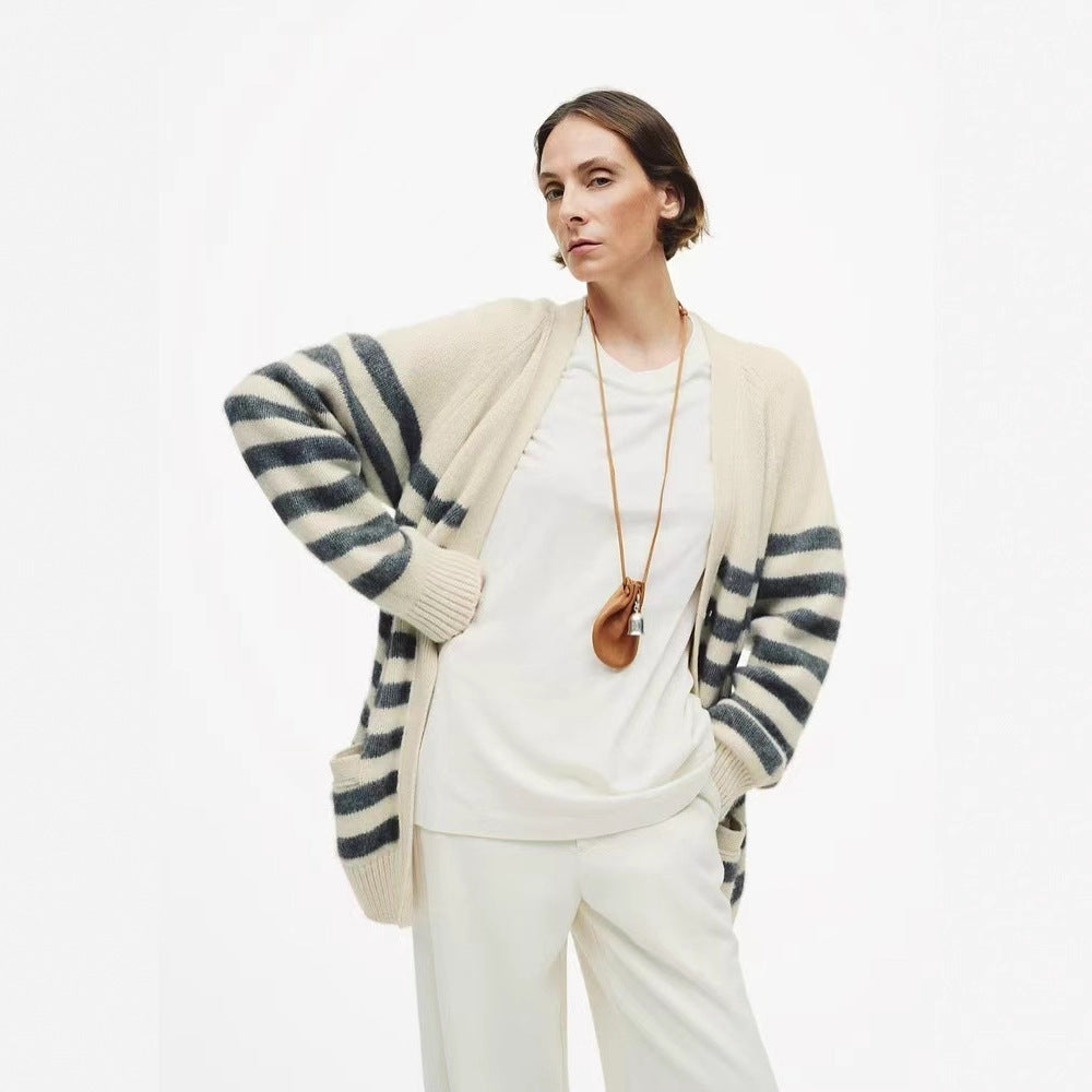 Womens Striped Wool Color-Block Knitted Cardigan Coat by Ricaloux