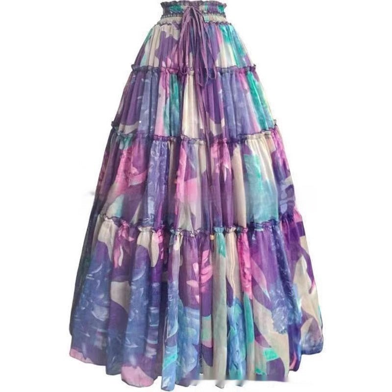 Printed Elastic Waist Slimming Large Hem Skirt - RICALOUX