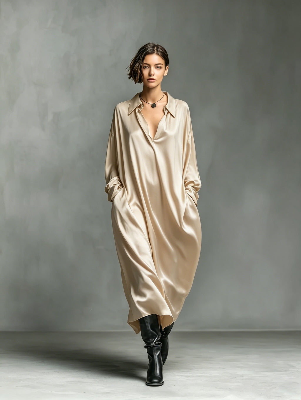 Solid-color Satin Long-sleeve Shirt Dress by Ricaloux