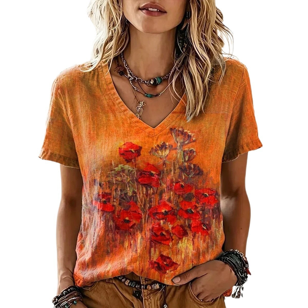 Womens Fashionable Loose-fit Casual V-neck Short-sleeve Top by Ricaloux
