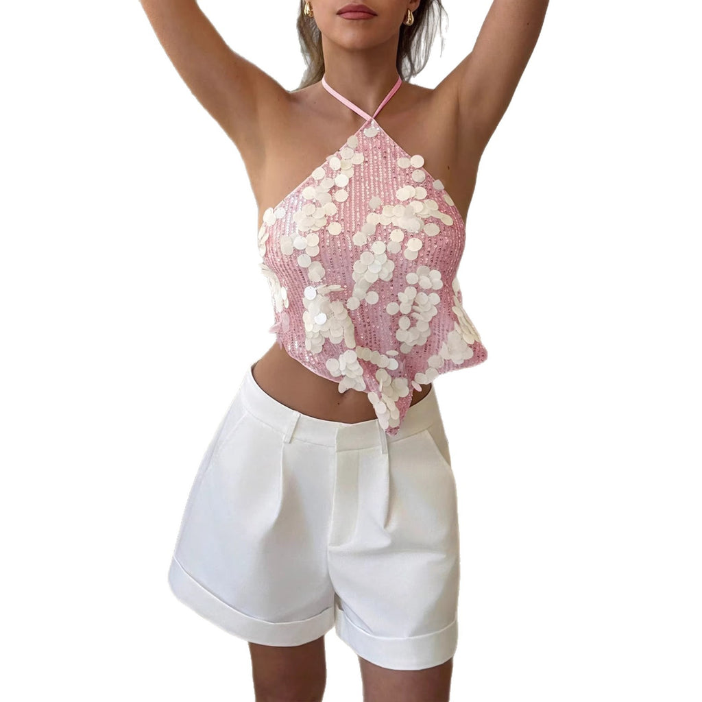 Womens Sequined Backless Halter-Neck Top by Ricaloux