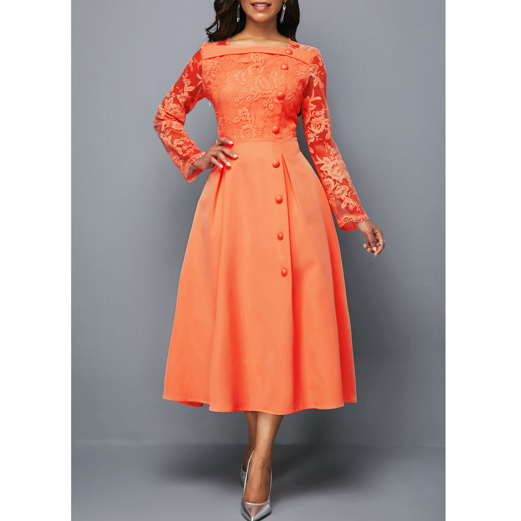 Fashionable Round Neck Lace Women's Dress High Waist Long Sleeves Printed Mid-length Dress - RICALOUX
