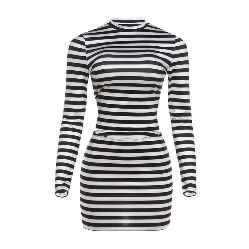 Striped-print Fitted Crop Top And Sheath Skirt Set by Ricaloux