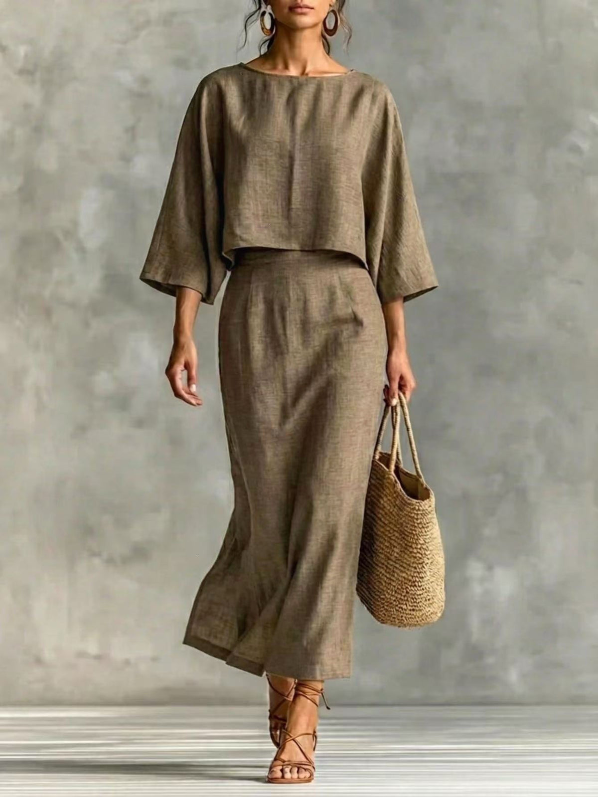 High Waisted Long Skirt Set With A Round Neck Three Quarter Sleeved Loose Fitting Womens Top – Premium 0 | RICALOUX