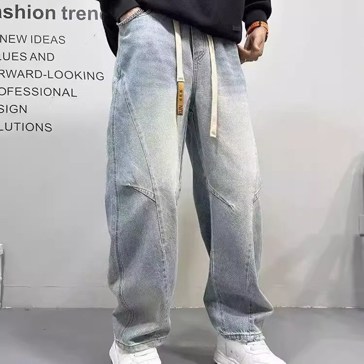 Patchwork Vintage Washed Loose Straight-leg Pants American-style Edgy And Cool Sabre-cut Trousers by Ricaloux