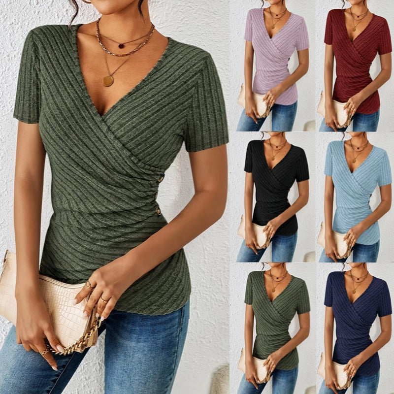 Solid-color V-neck Casual Short-sleeve Womens Top – Premium 0 | RICALOUX