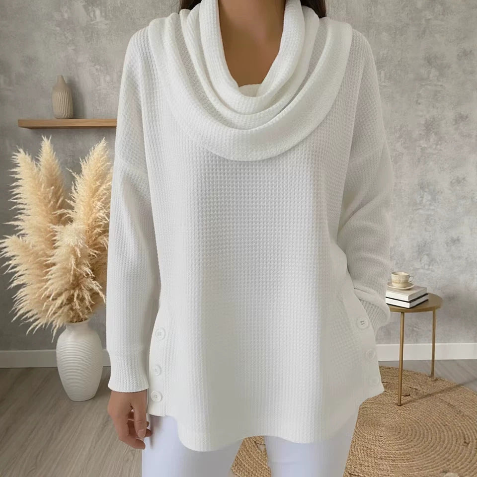 Solid-color Turtleneck Pullover Long-sleeve Womens Top With Buttons by Ricaloux