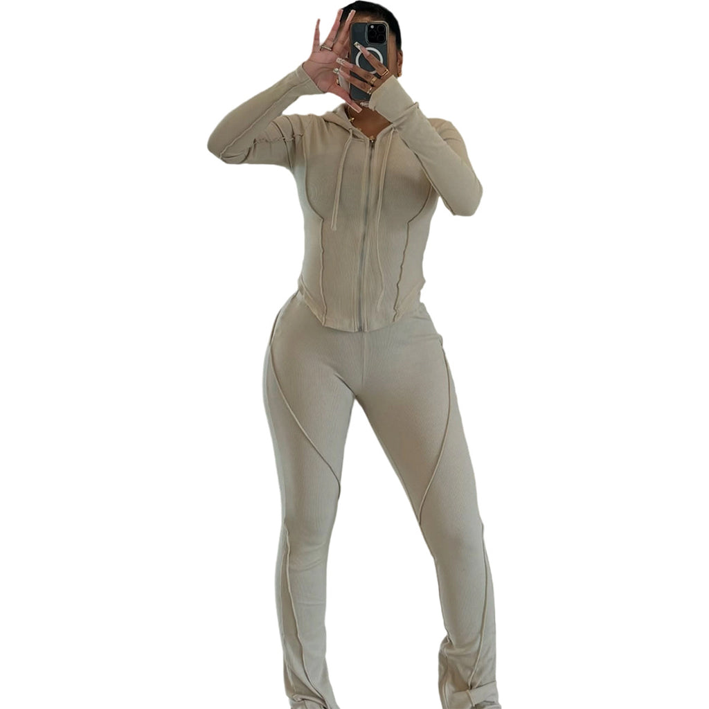 Womens Fashion Ribbed-Stripe Casual Sports Set by Ricaloux