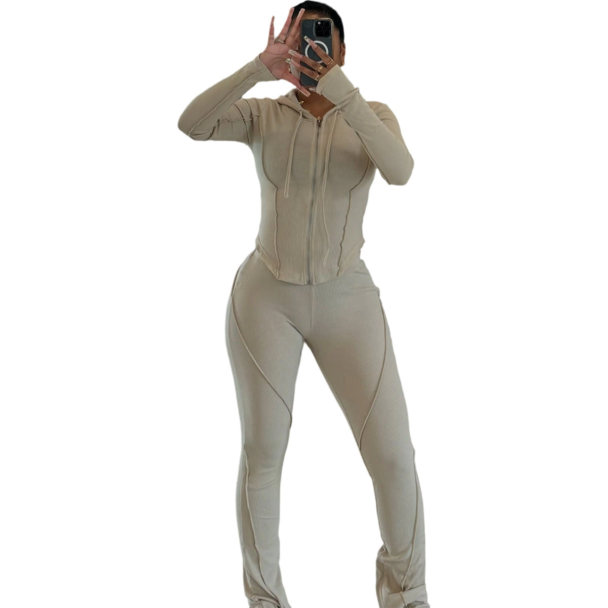 Womens Fashion Ribbed-Stripe Casual Sports Set by Ricaloux