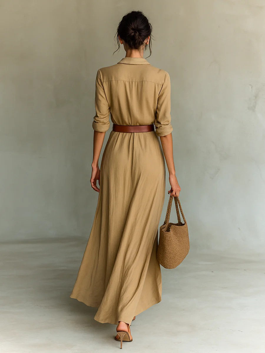 Elegant Shirt Maxi Dress With Belt - Turn Down Collar Long Sleeve Ruched Wrap Dress For Women by Ricaloux