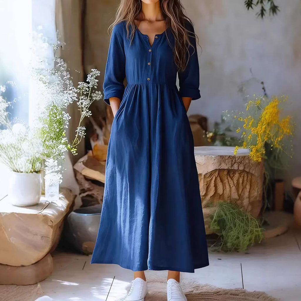 Womens Solid-color Long-sleeve Retro Cotton-linen Dress by Ricaloux
