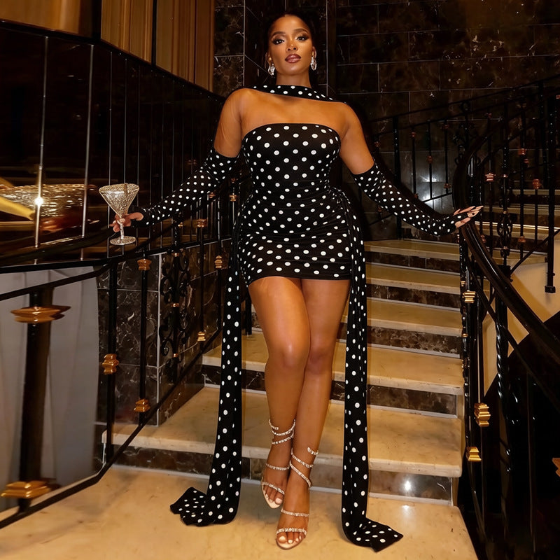 Polka-dot Halter-neck Dress With Flowing Ribbons Figure-flattering And Body-hugging by Ricaloux