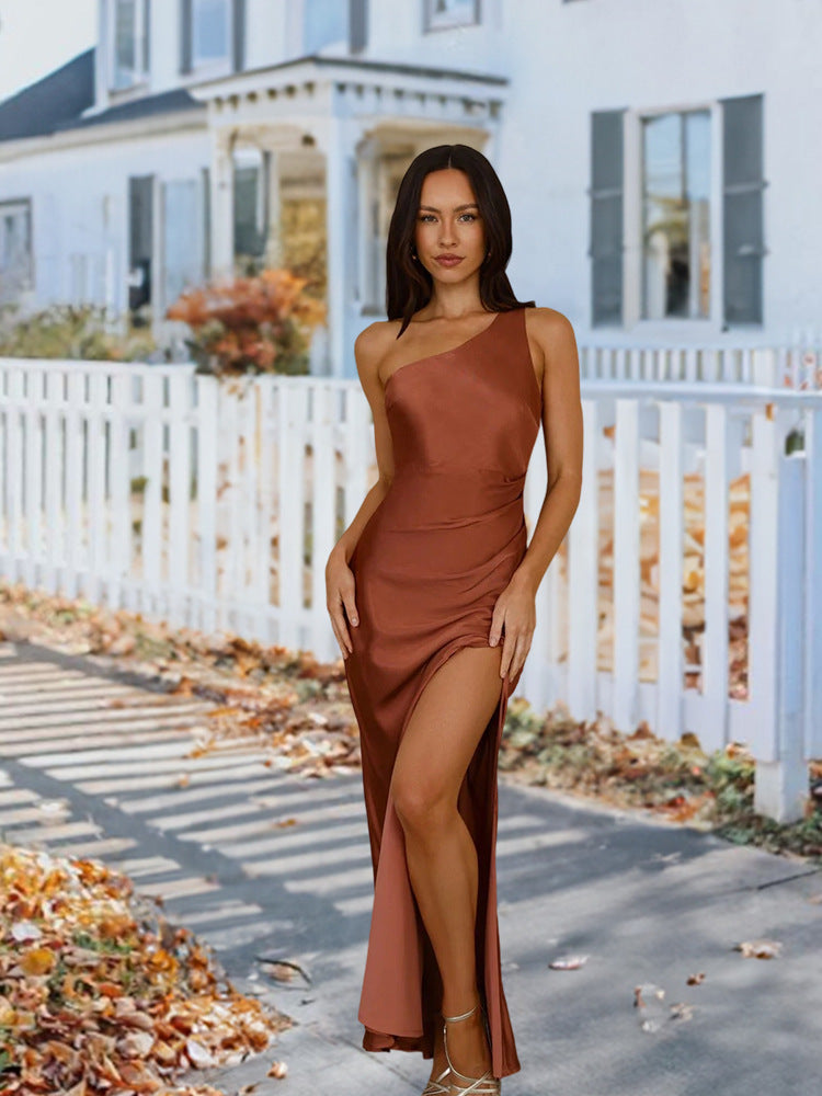 Irregularly Slit Solid-Color Long Dress by Ricaloux