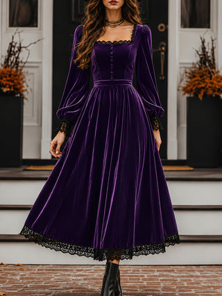 Square-neck Lace-panel Velvet Dress by Ricaloux
