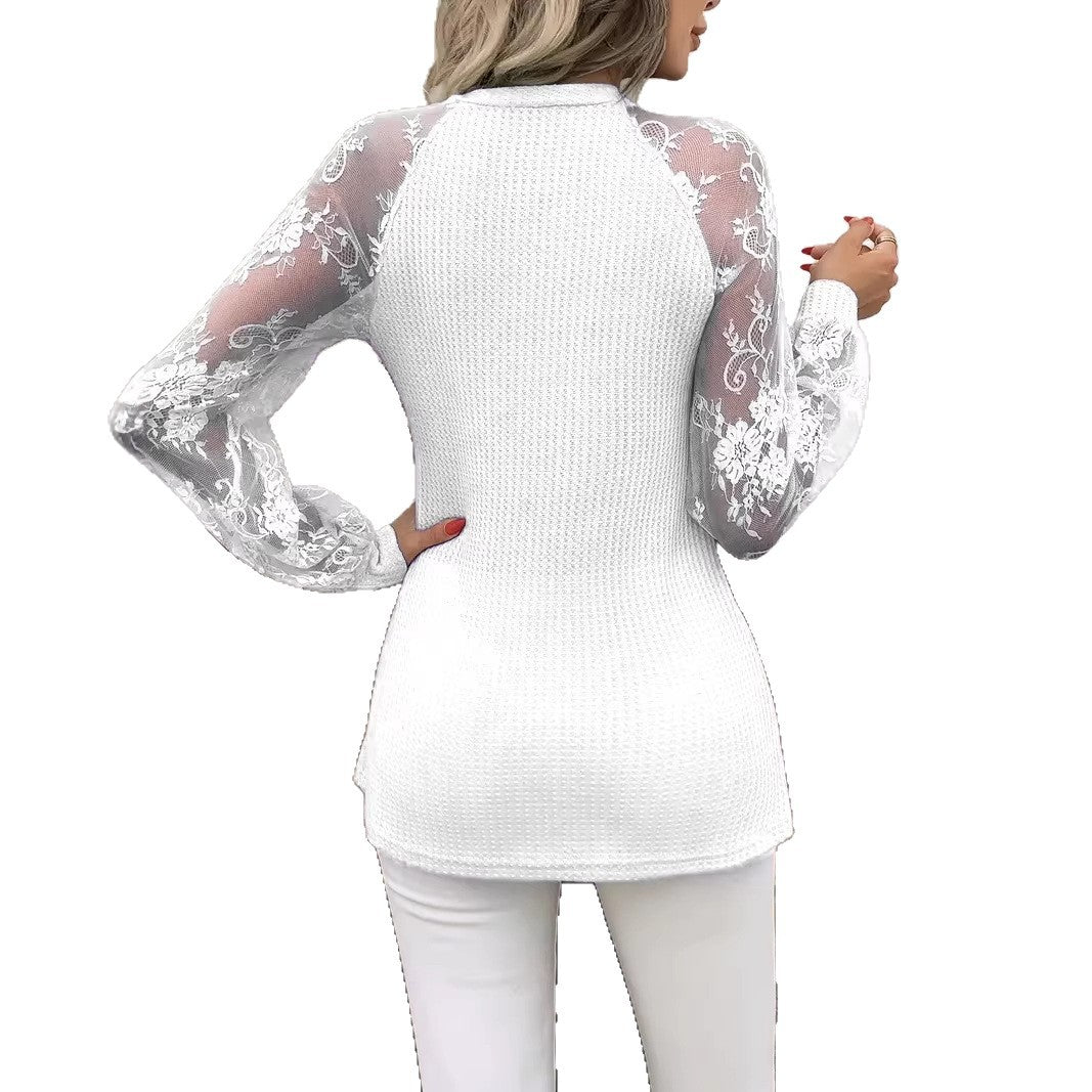 Womens V-neck Long-sleeve Lace-panel Top – Premium 0 | RICALOUX