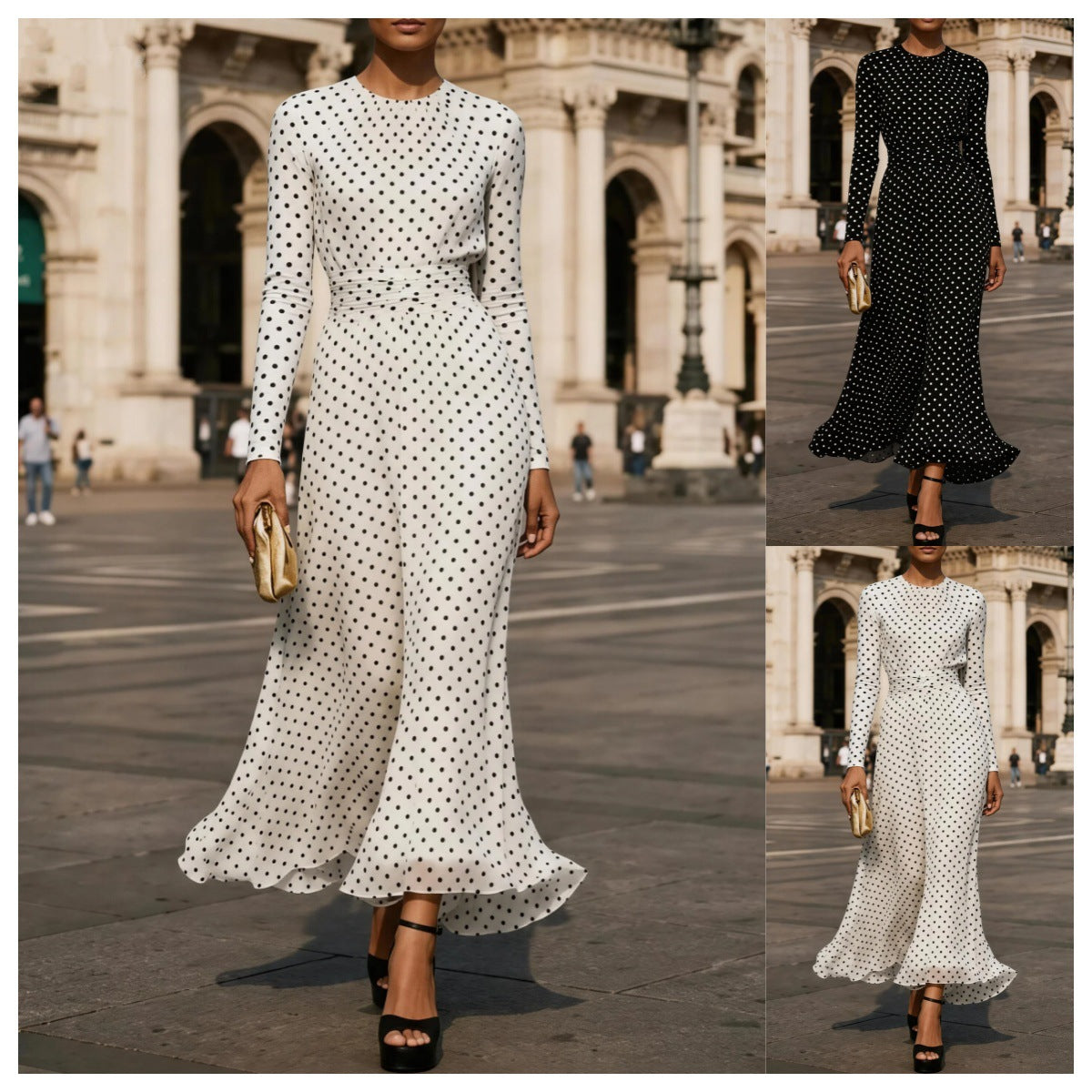 Round-neck Long-sleeve Polka-dot Sheath Dress – Premium 0 | RICALOUX