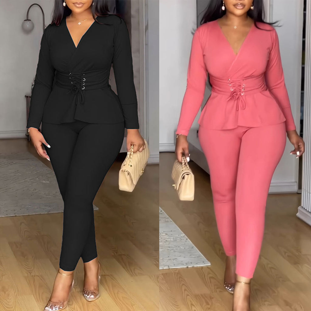 European And American Solid-color V-neck Waist-cinching Stretchy Long-sleeve Pants Set – Premium 0 | RICALOUX