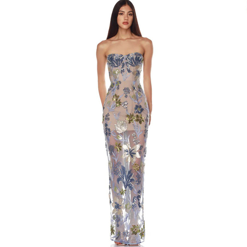 Embroidered Beaded Floral Strapless Dress For Women by Ricaloux