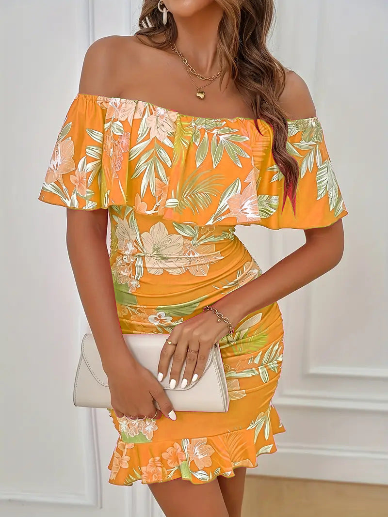 Womens Floral-print Off-shoulder Sheath Dress by Ricaloux