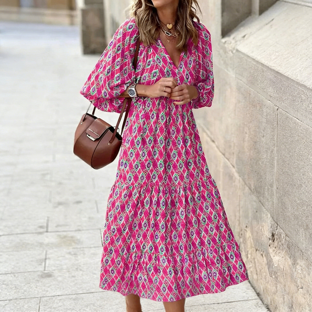 Womens Loose Long-Sleeve Dress With Floral Print And Puffed Sleeves Style For Europe And America by Ricaloux