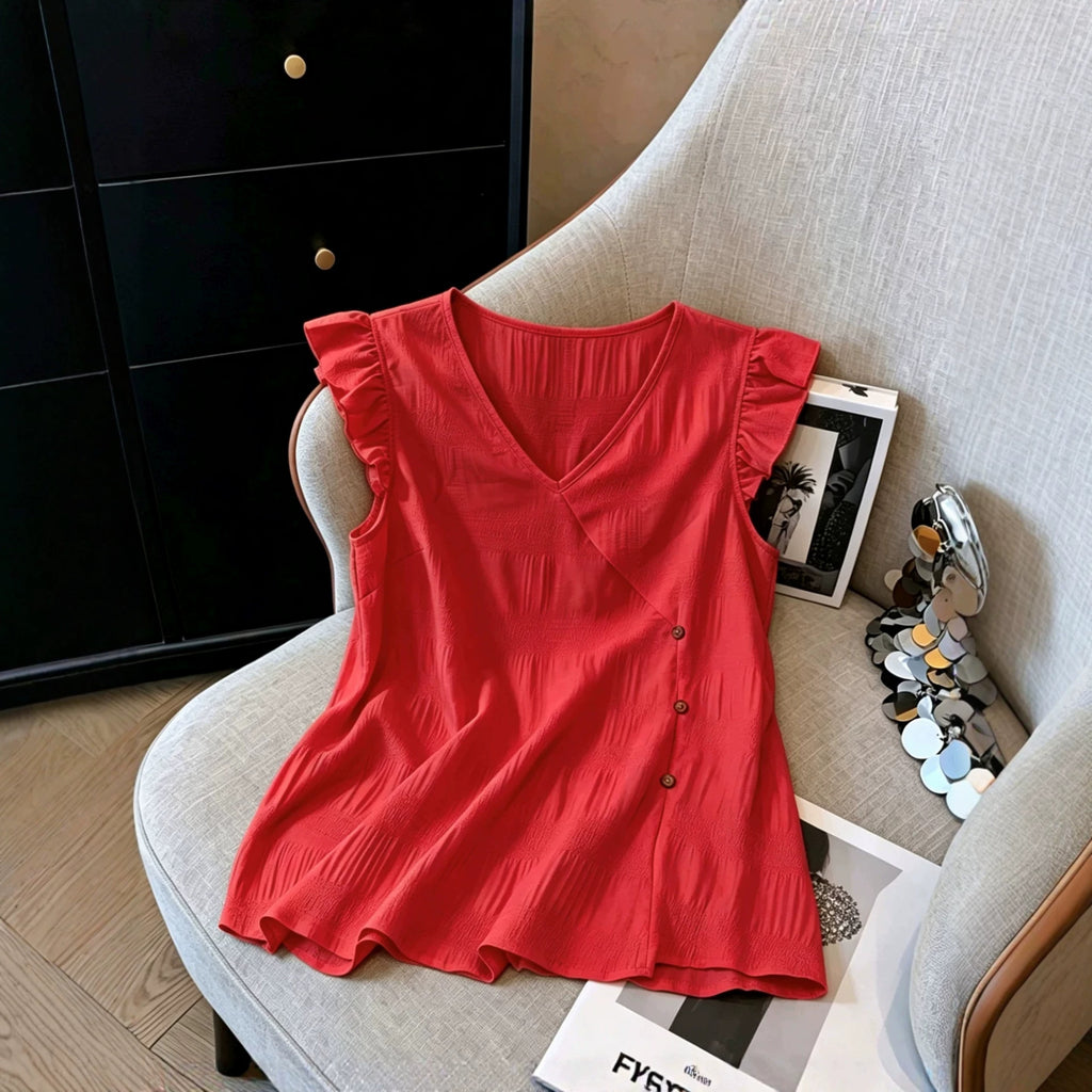 French-style V-neck, Fluttery Three-quarter Sleeves, Textured Top by Ricaloux