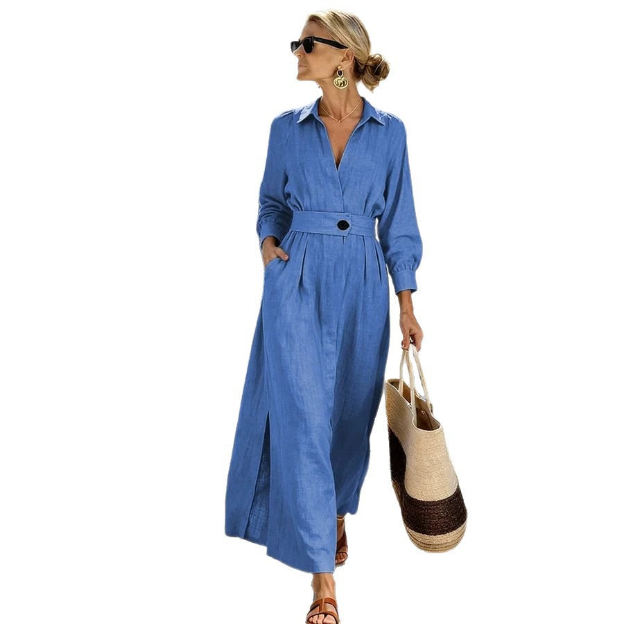 Womens Long-sleeve Slit Lapel Blouse Dress by Ricaloux