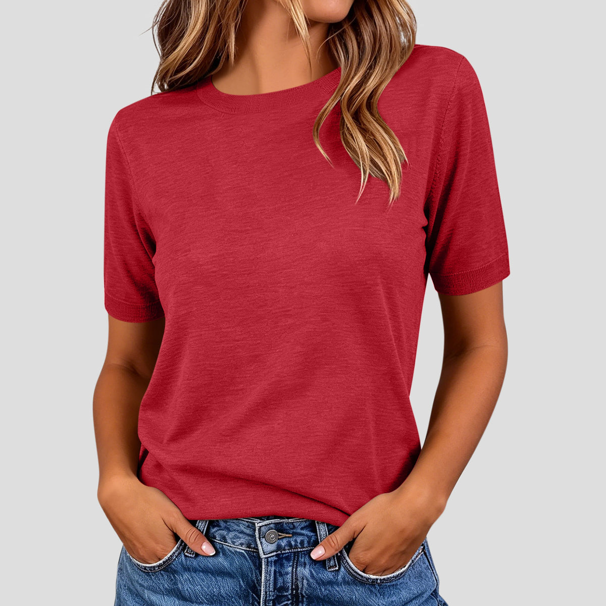 Women's Summer Lightweight Knit Short Sleeve T-Shirt Solid Crewneck Loose Regular Fit Casual Versatile Top Sweater by Ricaloux