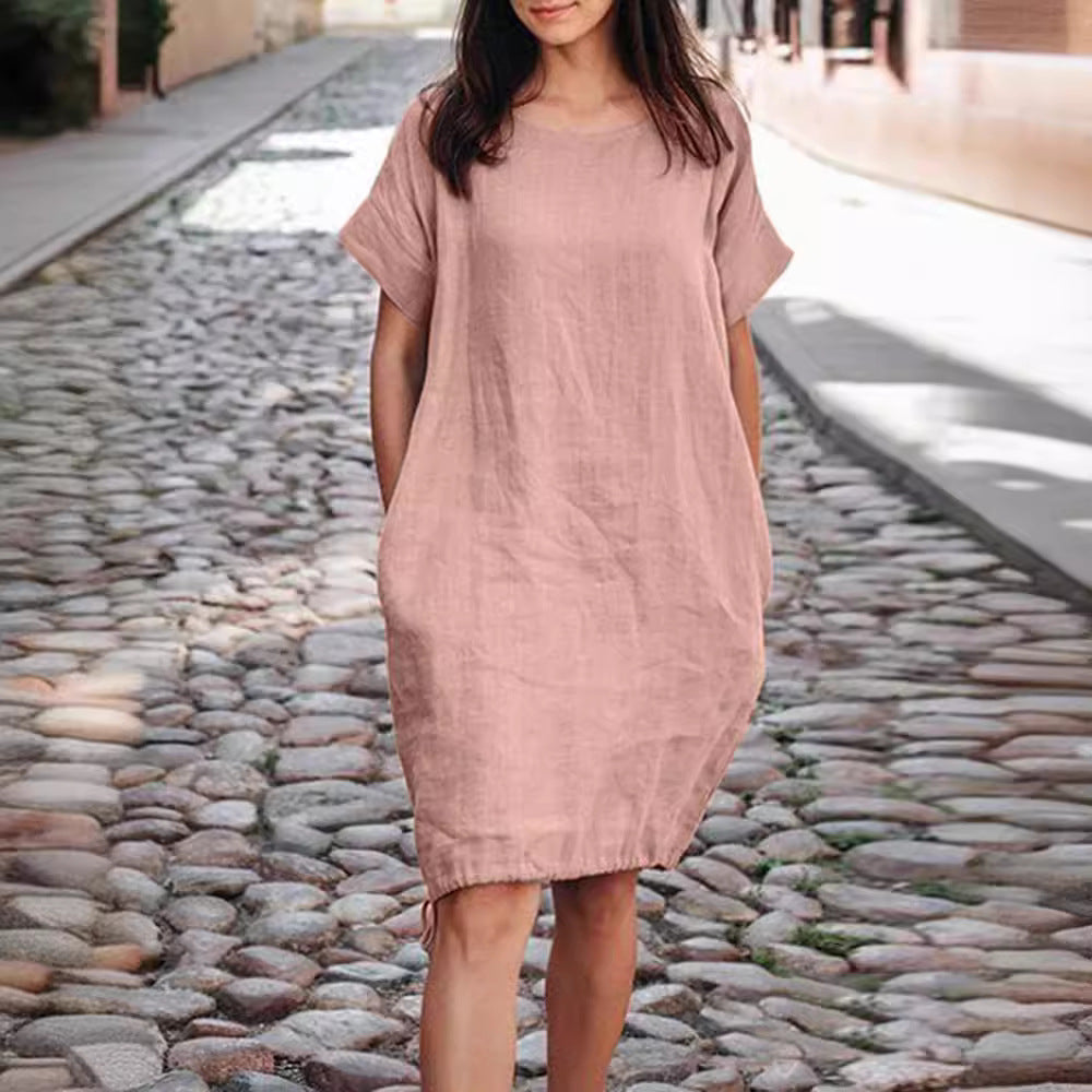 Casual Womens Solid-color Loose-fit Short-sleeve Cotton-linen Dress by Ricaloux