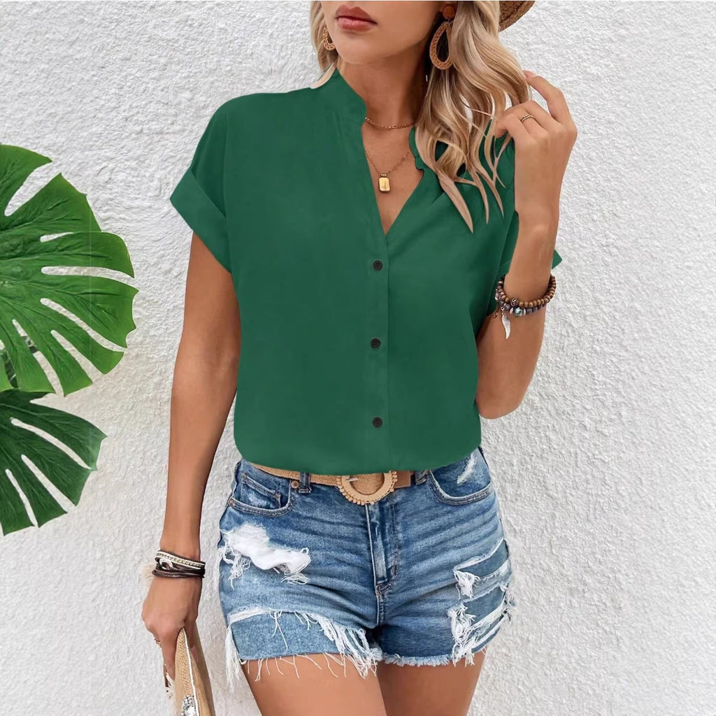 V-neck Fashionable Casual Womens Solid-color Batwing Short-sleeve Shirt by Ricaloux