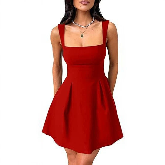 Womens Sleeveless Square-Neck Mini Dress With Adjustable Straps And Bow Tie by Ricaloux