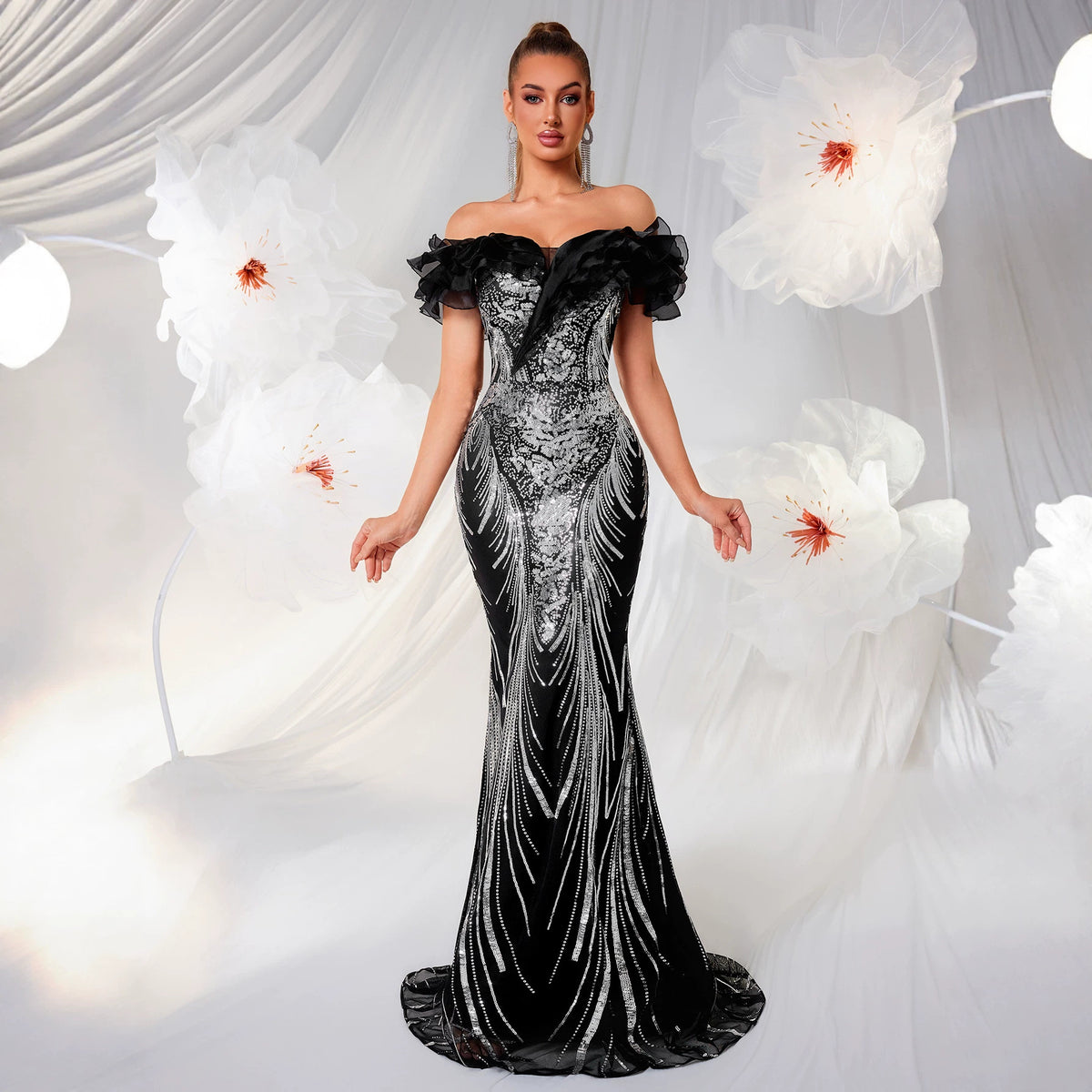 Light-luxury Off-shoulder Fishtail Dress With Ruffled Hem by Ricaloux