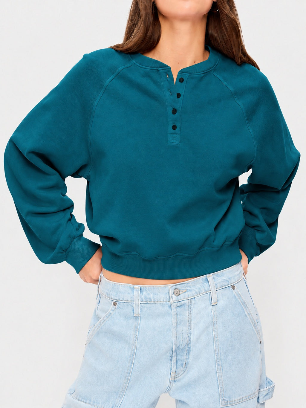 Womens Crew-neck Button-up Sweatshirt Loose-fit Casual Cropped Top by Ricaloux