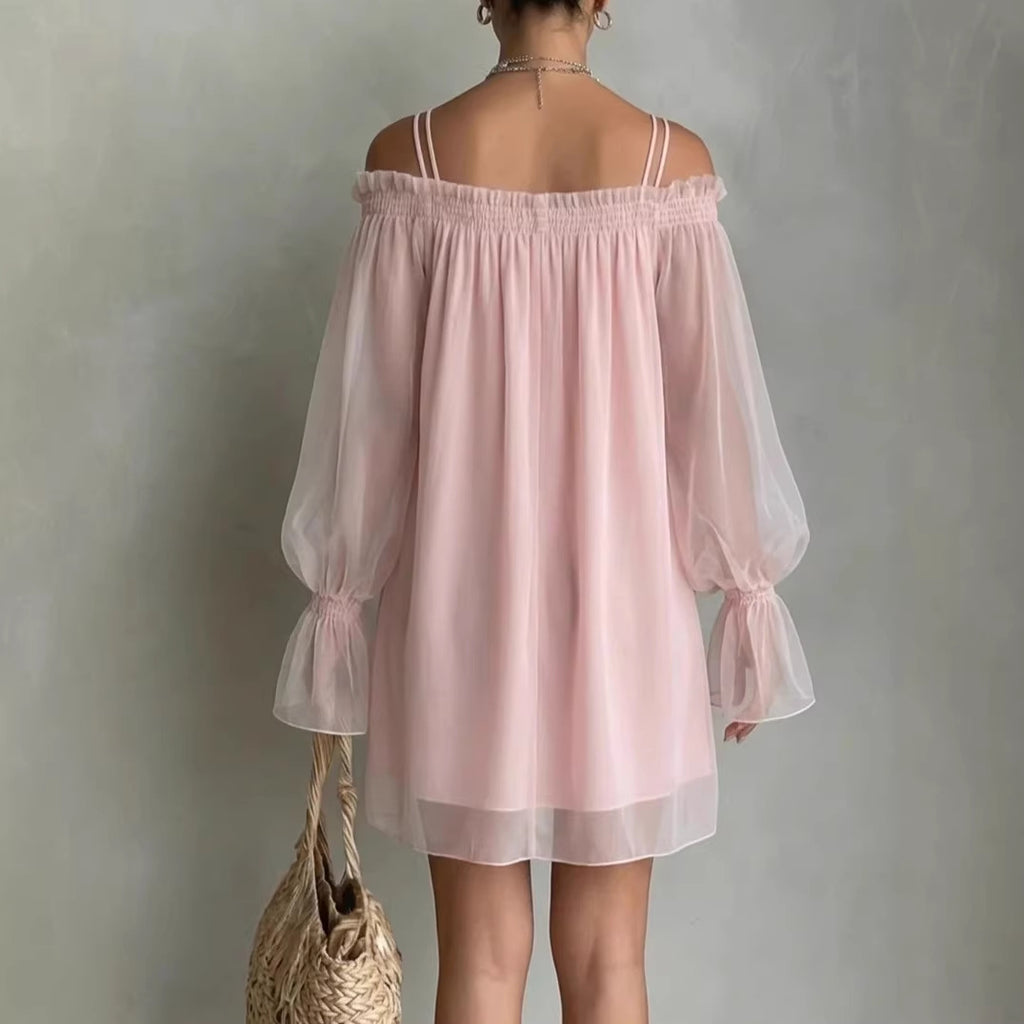Sexy Sweet Double Strap Vestidos Off Shoulder Dress For Women Vestido Fairy Mini Loose Dresses Summer New Sheer Mesh Long Sleeve by Ricaloux