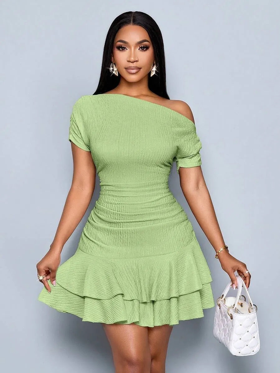 Summer Asymmetrical One Shoulder Short Sleeve Ruched Bodycon Ruffle Mini Dress - Sexy Solid Color Club Dress, Multiple Colors Available by Ricaloux