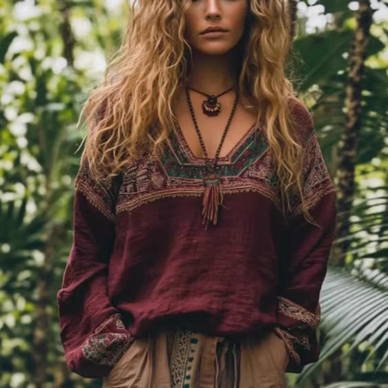 Ethnic-style Casual V-neck Long-sleeve Blouse by Ricaloux