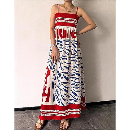 Small-fish Strap Printed New Long Dress One-piece Dress by Ricaloux