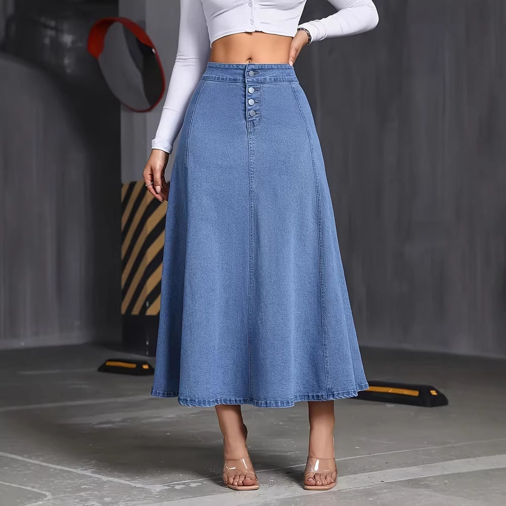 Womens Solid-Color Buttoned Hem Denim Skirt by Ricaloux
