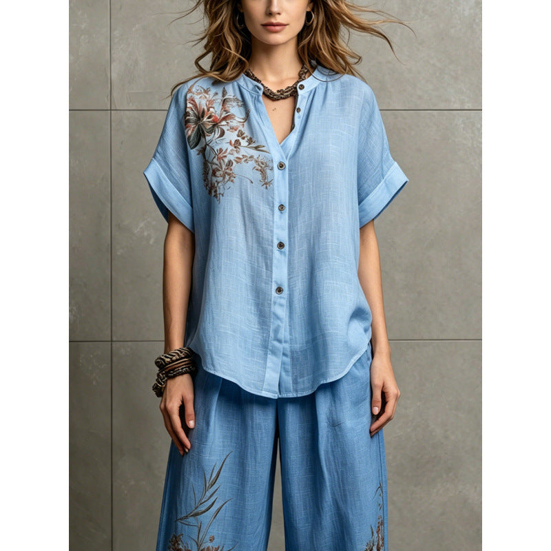 Short-sleeve Top And Wide-leg Pants Casual Two-piece Set by Ricaloux