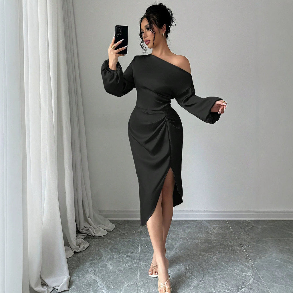 Off Shoulder Long Sleeve Dress With A Slanted Neckline – Premium 0 | RICALOUX